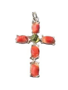 Vintage Red Coral Goldtone Cross Pendant w/Peridot Center Stone 1-1/8" x 13/16"